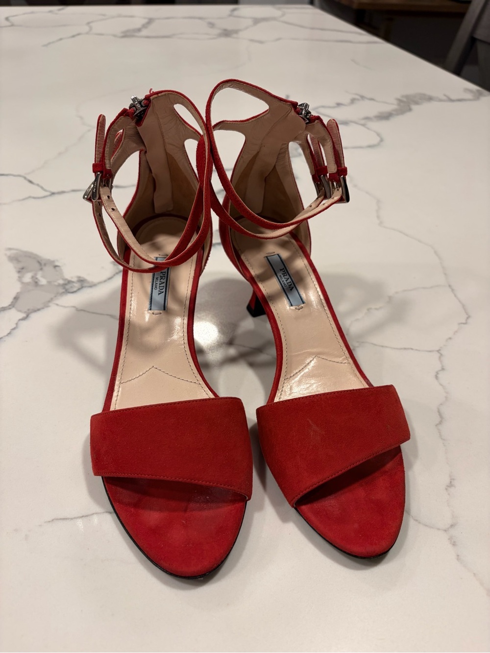 Prada Red Suede Open-Toe Ankle-Strap Heels